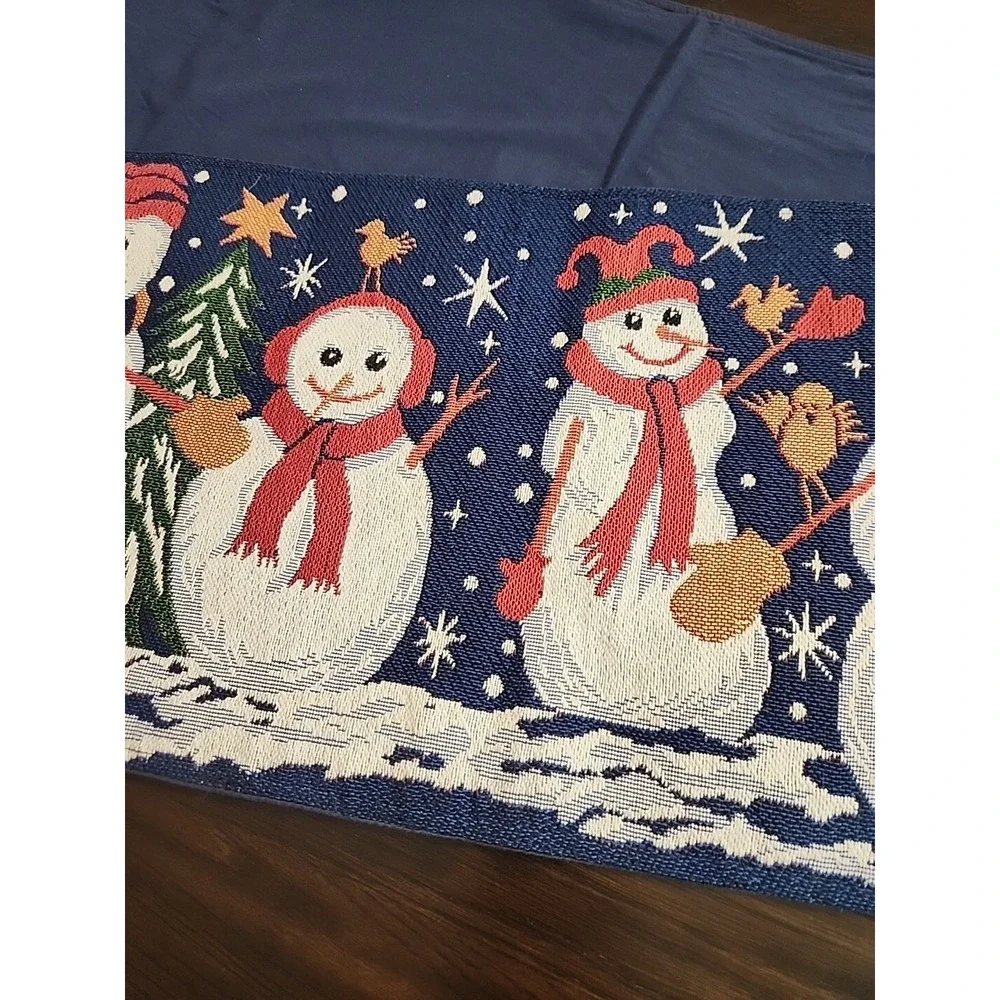 Christmas Tapestry Table Runner Snowman Winter Scene 72x13 Holiday Table Setting